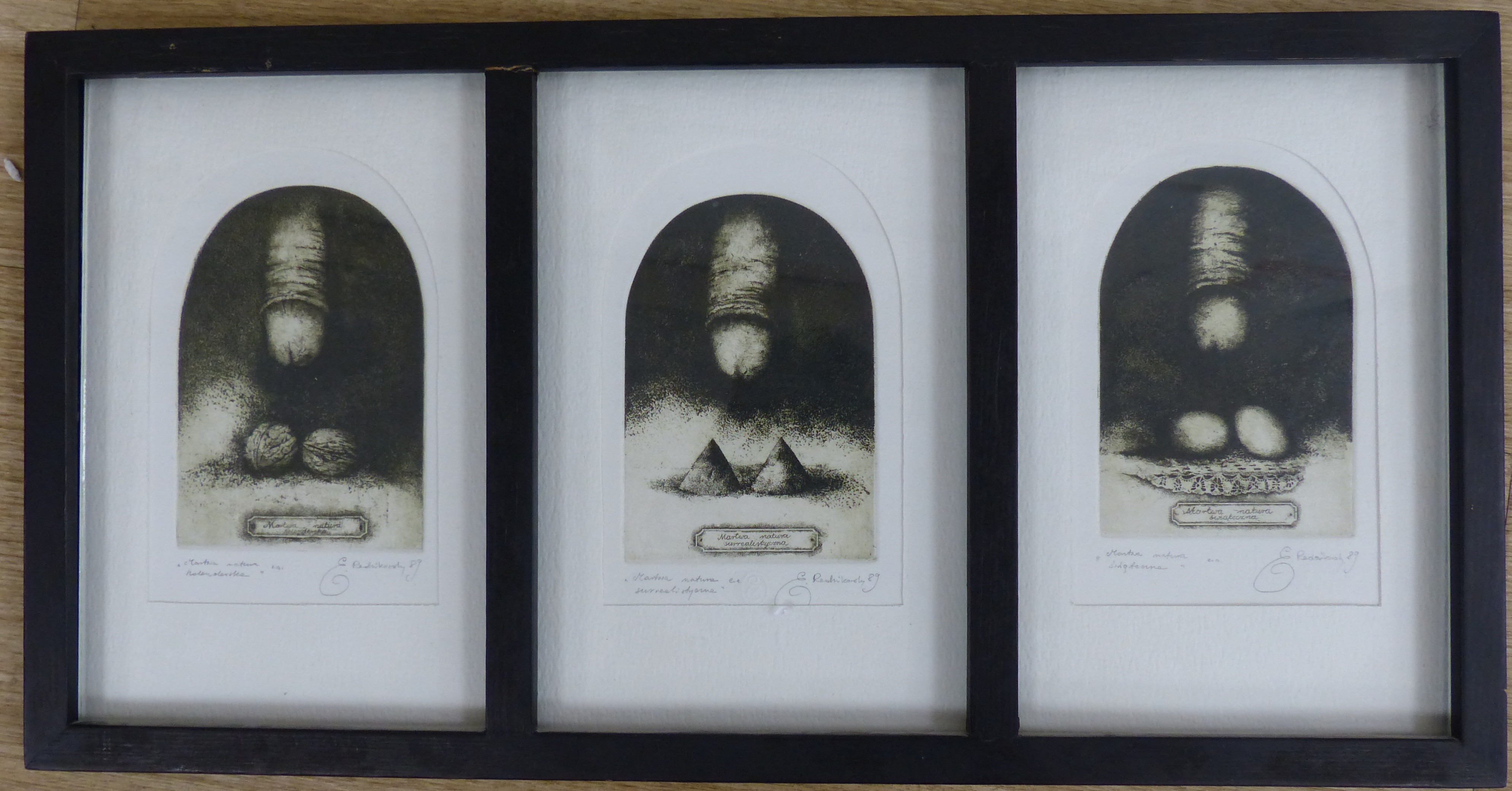 Reshikoroly. A set of three Indian erotic prints, framed as one, each 15 x 10cm.